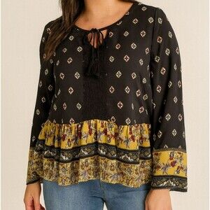 Boho L/S Peasant Top Black Yellow Floral Print M Bell Sleeve Flowy Lace Romantic